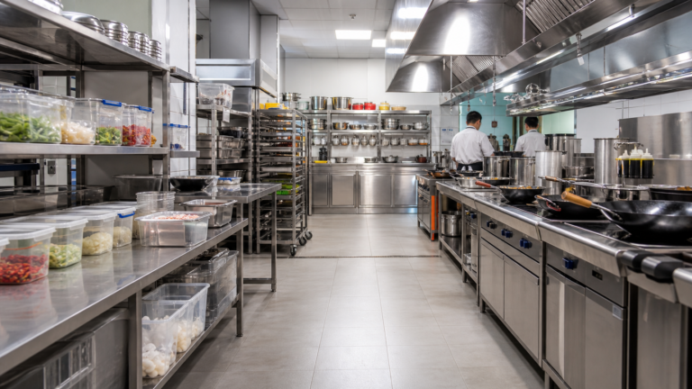 Organized commercial kitchen with labeled storage, open shelving, and clear prep stations