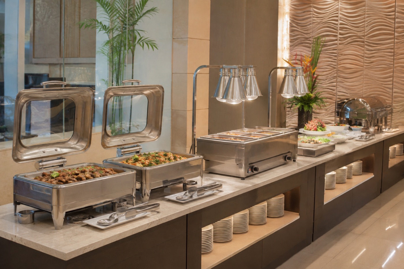 Buffet food station with commercial holding and serving equipment
