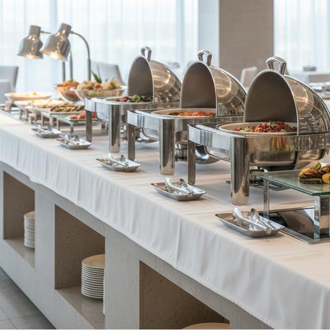 Round chafing dishes in a bright buffet setup